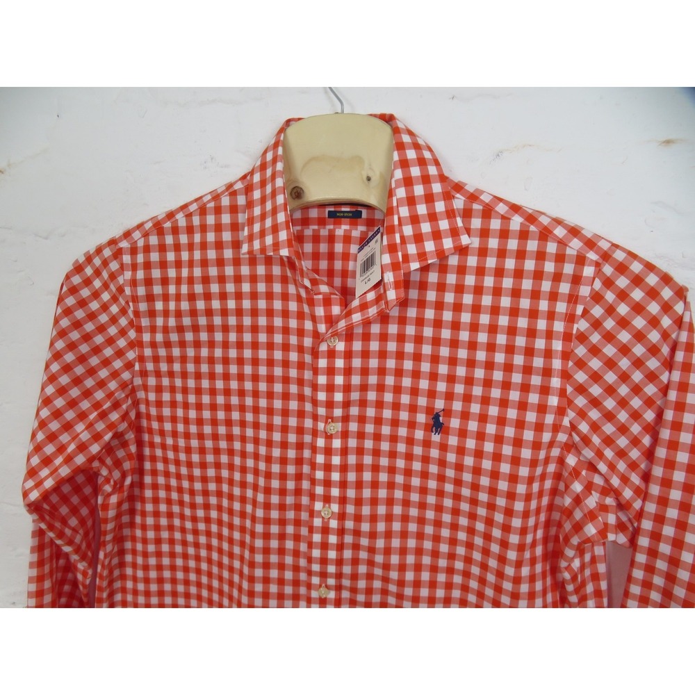 Polo Ralph Lauren Shirt Mens Large Orange Gingham Check Long Sleeve Button Up